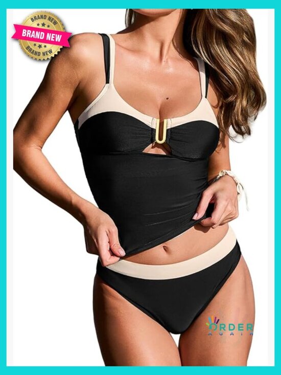 Other - Cutout Tankini Set Scoop Neck U Wire Tummy Control Back Hook Adjustable Straps